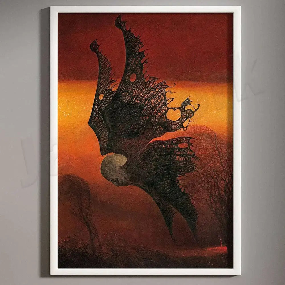 A framed decorbites beksinski print featuring a dark winged figure against an orange red sunset sky for living room decor