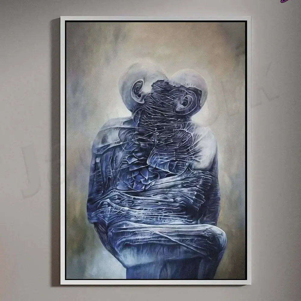 A framed living room wall art featuring haunting abstract figures in muted blues and grays from decorbites beksinski prints
