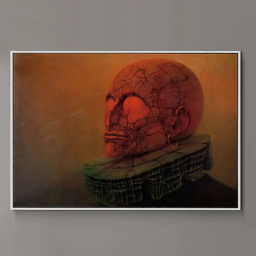 Surreal gothic decorbites beksinski prints featuring a cracked red skull with gold hoop earring and green ruff collar wall art