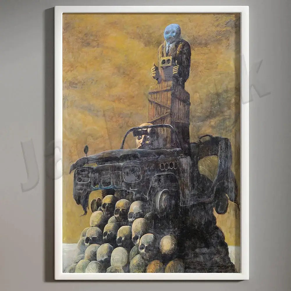 A framed decorbites beksinski print depicting a blue-skinned figure in a suit on a rusted vehicle with skulls on yellow background