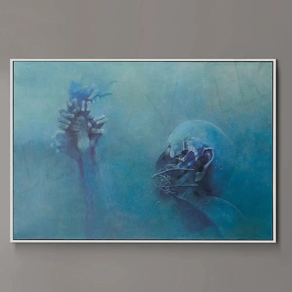 A white framed surreal gothic decorbites beksinski print featuring a pale blue skeletal figure against a misty backdrop