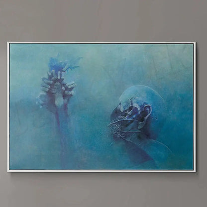 A white framed surreal gothic decorbites beksinski print featuring a pale blue skeletal figure against a misty backdrop