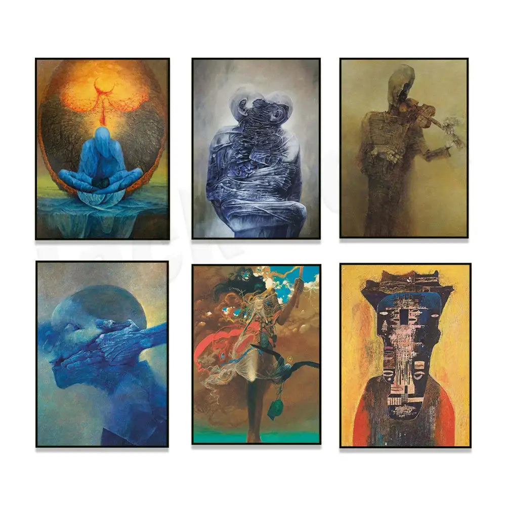 Set of six framed surreal gothic decorbites beksinski prints featuring abstract symbolic art in varied color palettes for living room wall decor