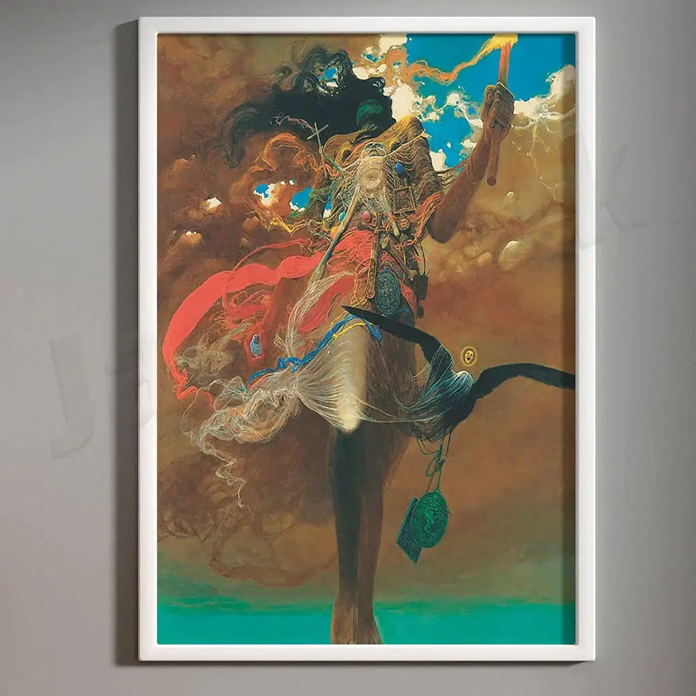 Framed decorbites beksinski print featuring a dynamic mythological figure with flowing red and blue garments against sky