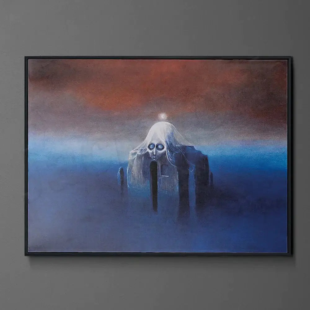 A haunting surreal painting in a sleek black frame featuring a ghostly figure in blue waters for decorbites beksinski prints