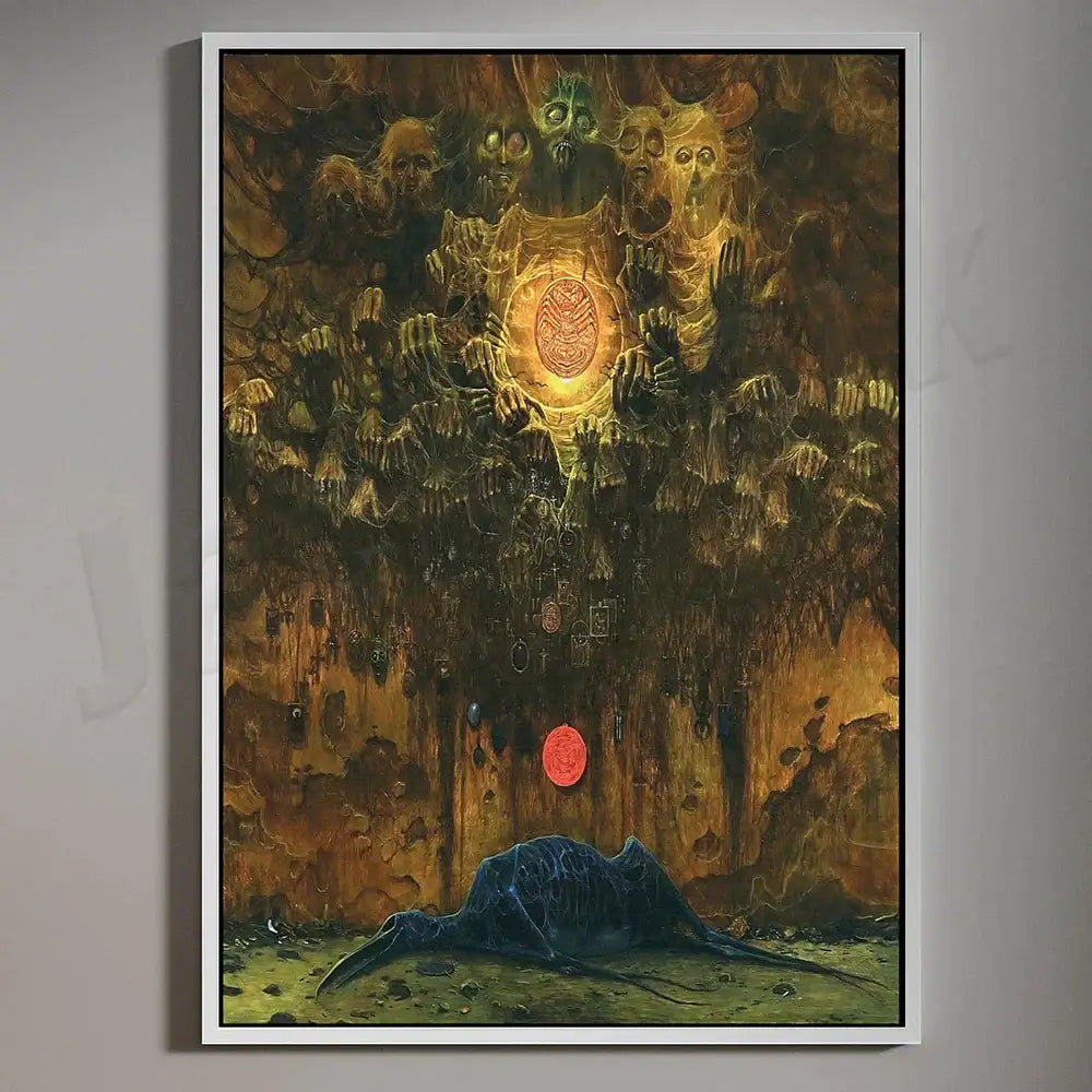 A framed surreal gothic wall art featuring a glowing golden emblem with skeletal hands in dark brown tones from decorbites beksinski prints