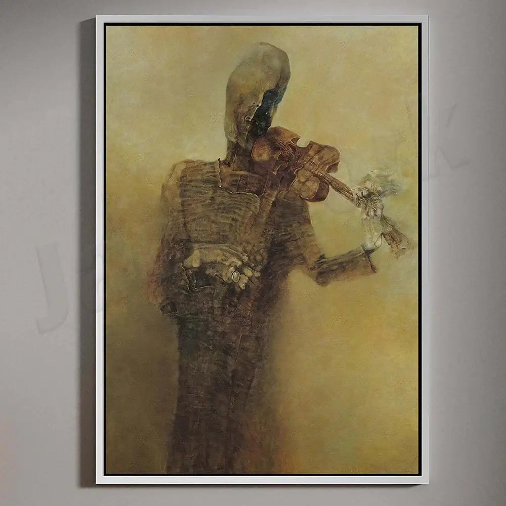 A framed decorbites beksinski print of a skeletal figure playing violin in dark tones on muted yellow background for living room