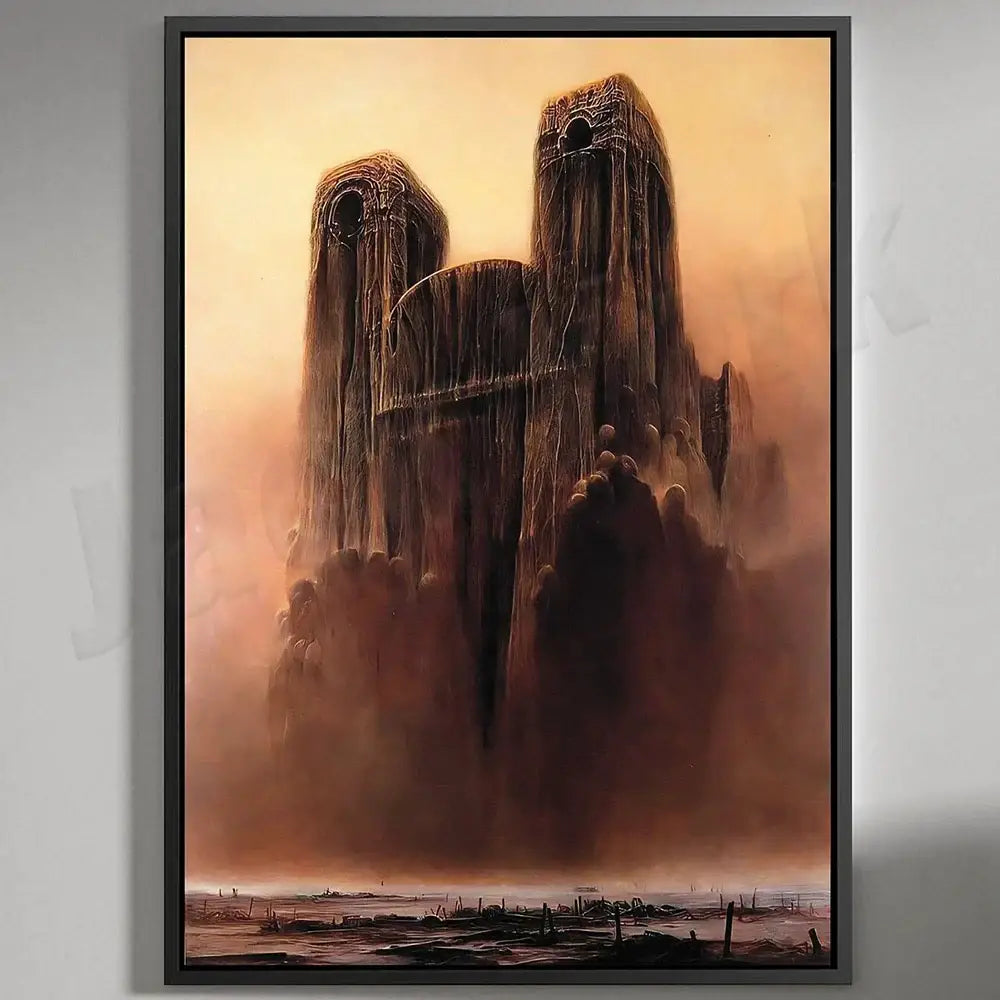 A framed decorbites beksinski print featuring a towering ancient stone structure under an orange sky for living room decor