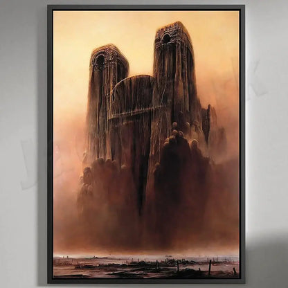 A framed decorbites beksinski print featuring a towering ancient stone structure under an orange sky for living room decor