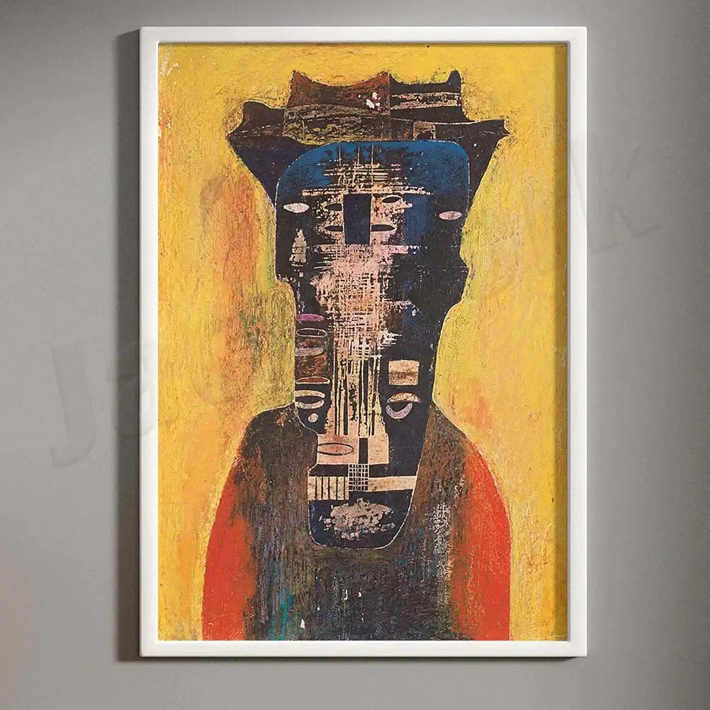 Abstract portrait painting in white frame with bold black and blue shapes on yellow background for decorbites beksinski prints wall art