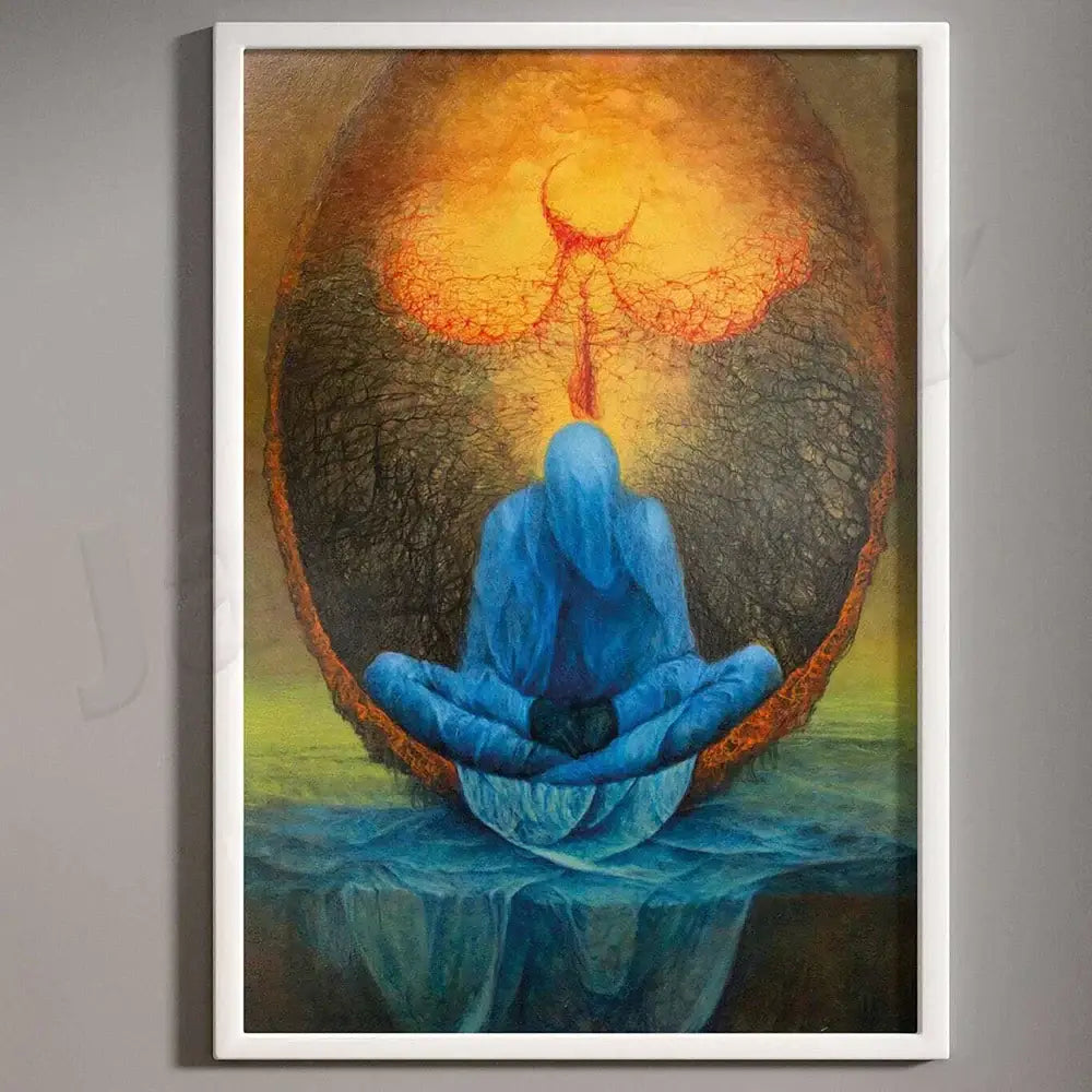 A framed surreal gothic decorbites beksinski print featuring a blue hooded figure meditating beneath an orange celestial orb