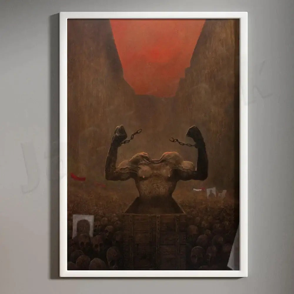 A framed decorbites beksinski print depicting a muscular chained figure under a red sky for gothic living room art