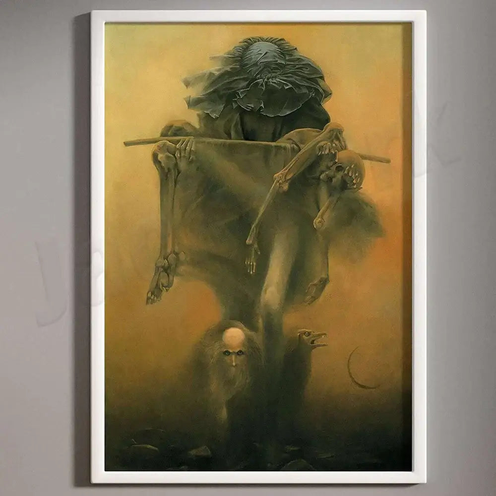 A framed decorbites beksinski print of a dark skeletal figure carrying bones against an ominous yellow backdrop