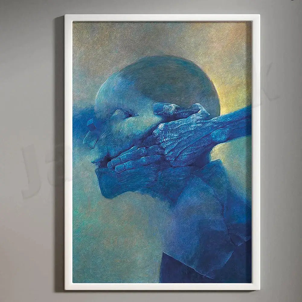 Blue-toned abstract portrait painting in white frame for surreal gothic decorbites beksinski prints living room wall art