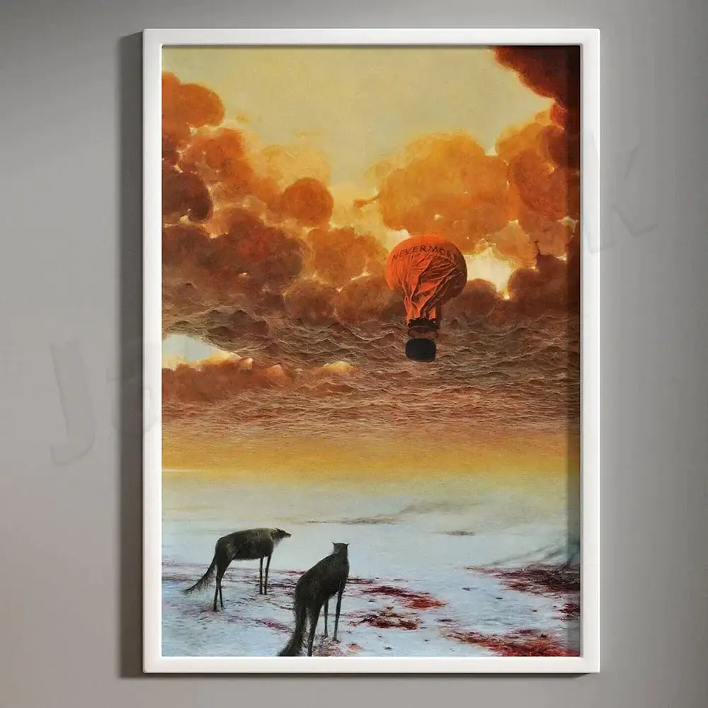 A framed decorbites beksinski print featuring two dark silhouetted dogs on a beach under an orange sky with a hot air balloon