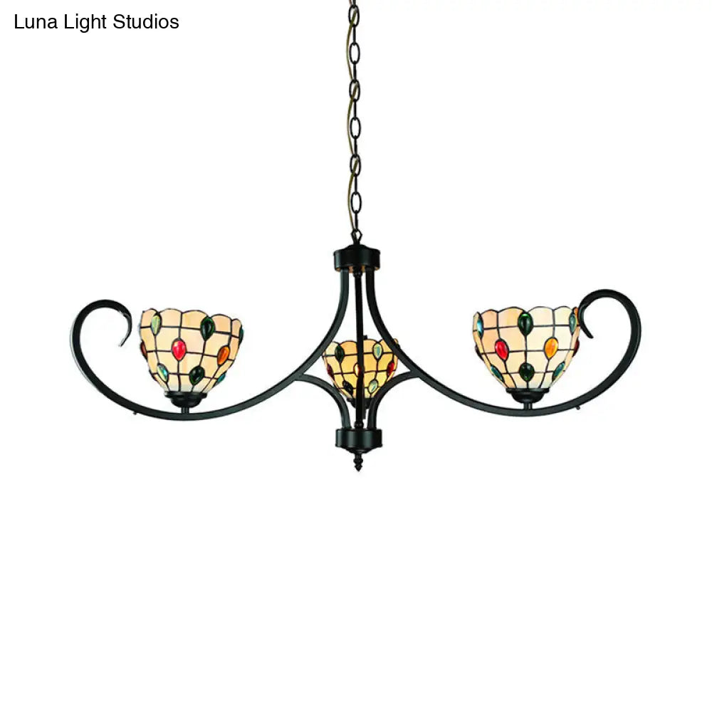 Suspended Beige Bowl Light with Colorful Bead Tiffany Stained Glass Chandelier - 3 Lights for Dining Room