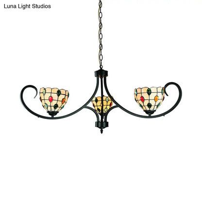 Suspended Beige Bowl Light with Colorful Bead Tiffany Stained Glass Chandelier - 3 Lights for Dining Room