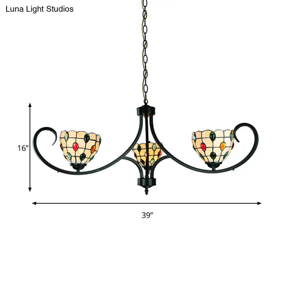 Suspended Beige Bowl Light with Colorful Bead Tiffany Stained Glass Chandelier - 3 Lights for Dining Room