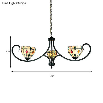 Suspended Beige Bowl Light with Colorful Bead Tiffany Stained Glass Chandelier - 3 Lights for Dining Room