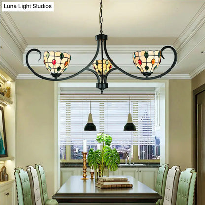 Suspended Beige Bowl Light with Colorful Bead Tiffany Stained Glass Chandelier - 3 Lights for Dining Room