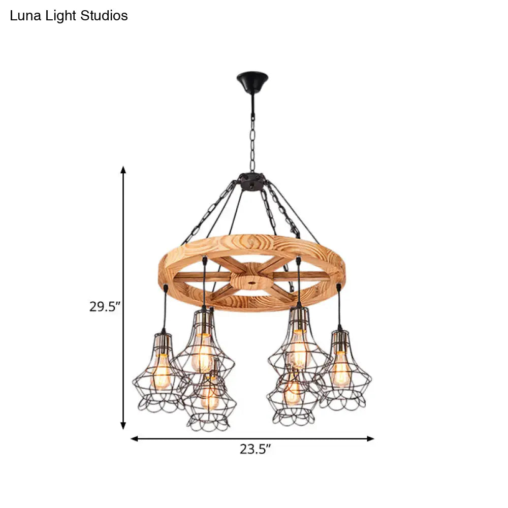 Suspension Wooden Wagon Wheel Chandelier - Rustic 6/8-Light Fixture with Wire Cage for Dining Hall Ceiling