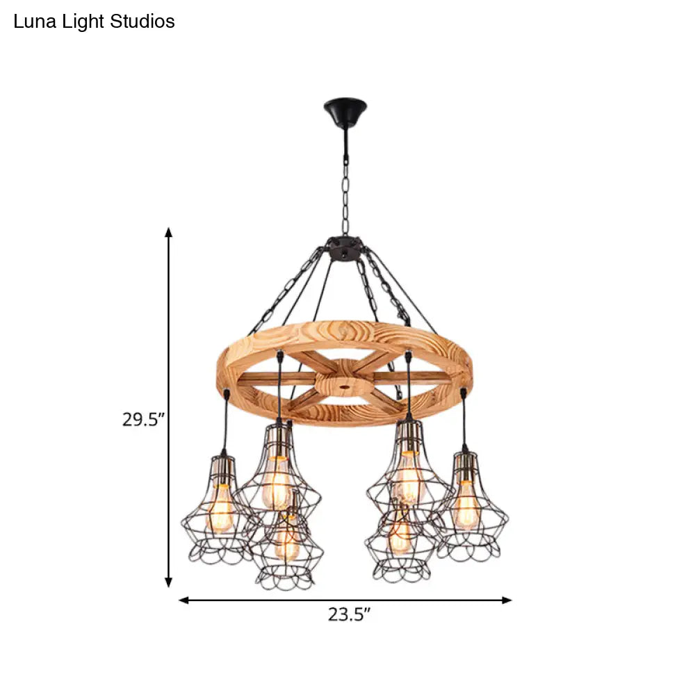 Suspension Wooden Wagon Wheel Chandelier - Rustic 6/8-Light Fixture with Wire Cage for Dining Hall Ceiling