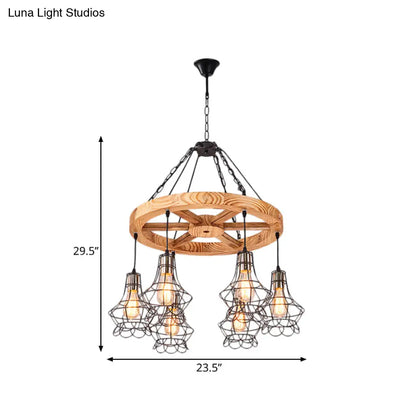 Suspension Wooden Wagon Wheel Chandelier - Rustic 6/8-Light Fixture with Wire Cage for Dining Hall Ceiling