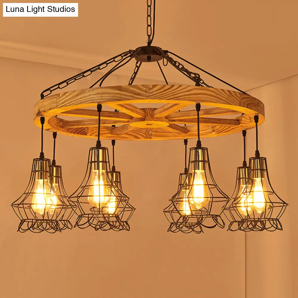 Suspension Wooden Wagon Wheel Chandelier - Rustic 6/8-Light Fixture with Wire Cage for Dining Hall Ceiling