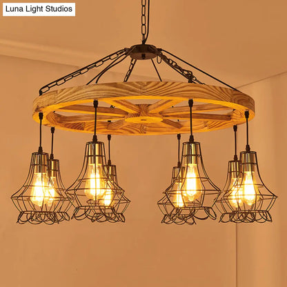 Suspension Wooden Wagon Wheel Chandelier - Rustic 6/8-Light Fixture with Wire Cage for Dining Hall Ceiling