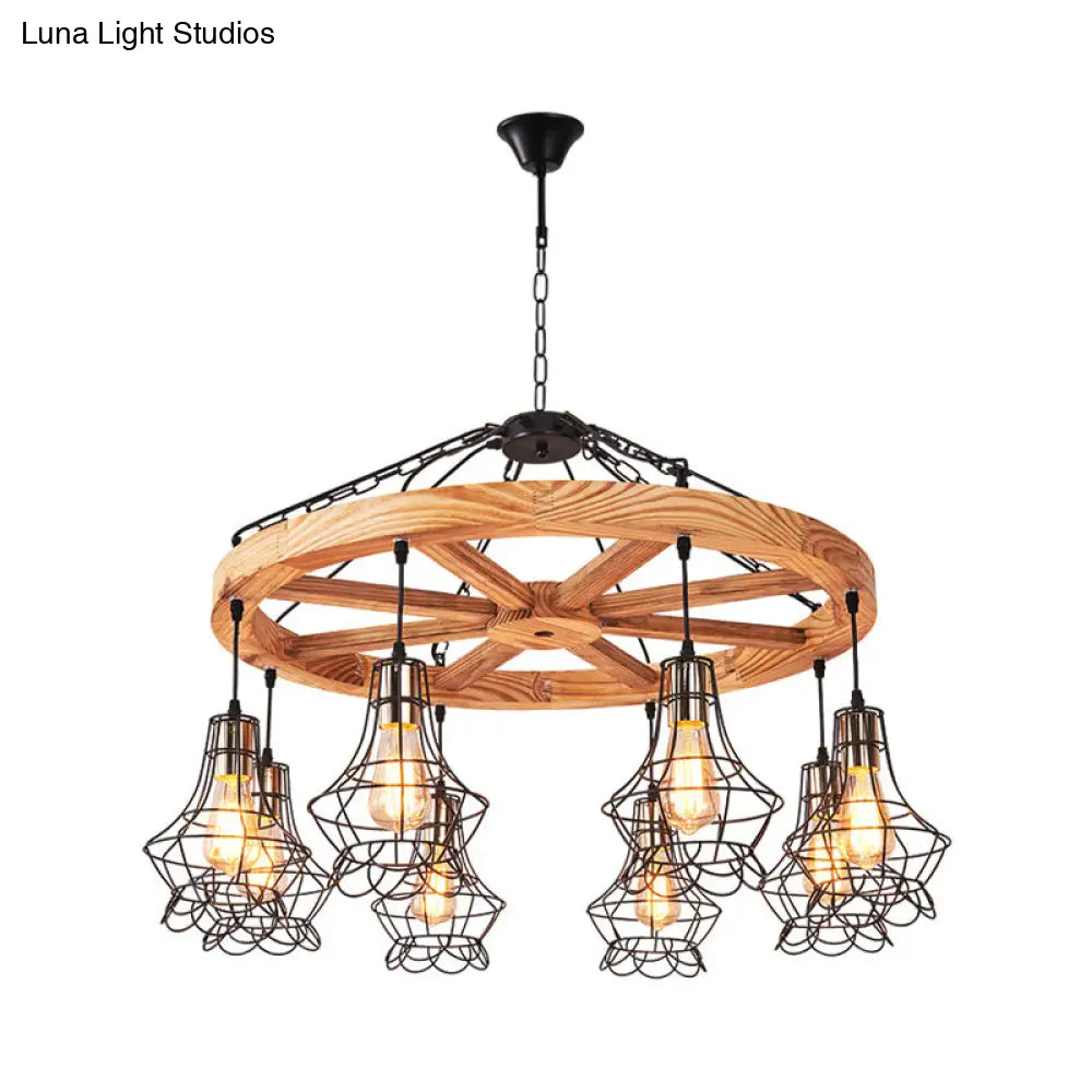 Suspension Wooden Wagon Wheel Chandelier - Rustic 6/8-Light Fixture with Wire Cage for Dining Hall Ceiling