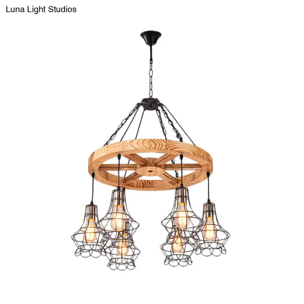 Suspension Wooden Wagon Wheel Chandelier - Rustic 6/8-Light Fixture with Wire Cage for Dining Hall Ceiling