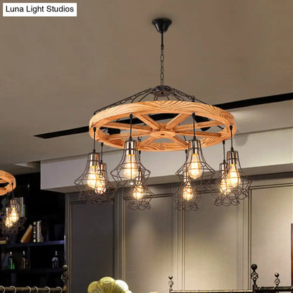 Suspension Wooden Wagon Wheel Chandelier - Rustic 6/8-Light Fixture with Wire Cage for Dining Hall Ceiling