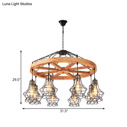 Suspension Wooden Wagon Wheel Chandelier - Rustic 6/8-Light Fixture with Wire Cage for Dining Hall Ceiling