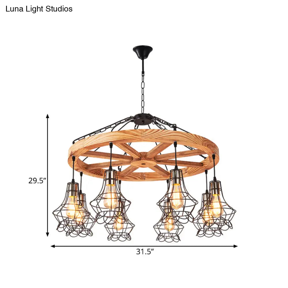 Suspension Wooden Wagon Wheel Chandelier - Rustic 6/8-Light Fixture with Wire Cage for Dining Hall Ceiling