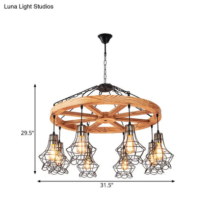 Suspension Wooden Wagon Wheel Chandelier - Rustic 6/8-Light Fixture with Wire Cage for Dining Hall Ceiling