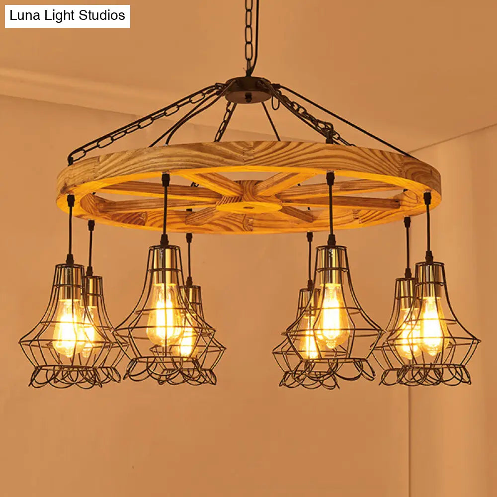 Suspension Wooden Wagon Wheel Chandelier - Rustic 6/8-Light Fixture with Wire Cage for Dining Hall Ceiling