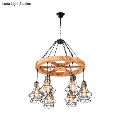 Suspension Wooden Wagon Wheel Chandelier - Rustic 6/8-Light Fixture with Wire Cage for Dining Hall Ceiling