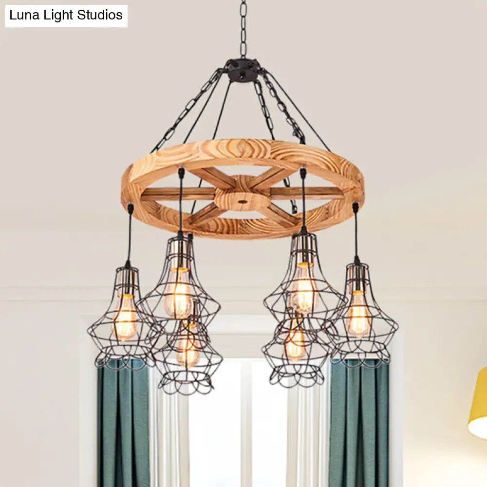 Suspension Wooden Wagon Wheel Chandelier - Rustic 6/8-Light Fixture with Wire Cage for Dining Hall Ceiling