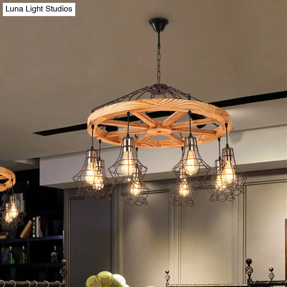 Suspension Wooden Wagon Wheel Chandelier - Rustic 6/8-Light Fixture with Wire Cage for Dining Hall Ceiling