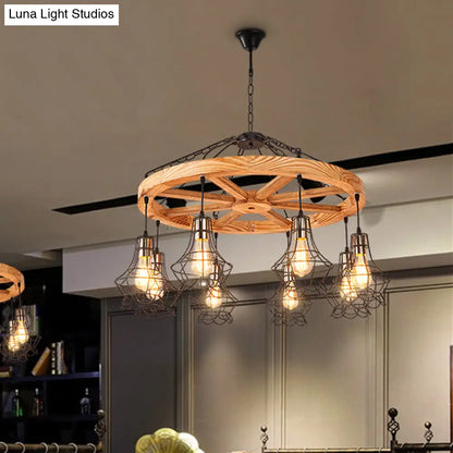 Suspension Wooden Wagon Wheel Chandelier - Rustic 6/8-Light Fixture with Wire Cage for Dining Hall Ceiling