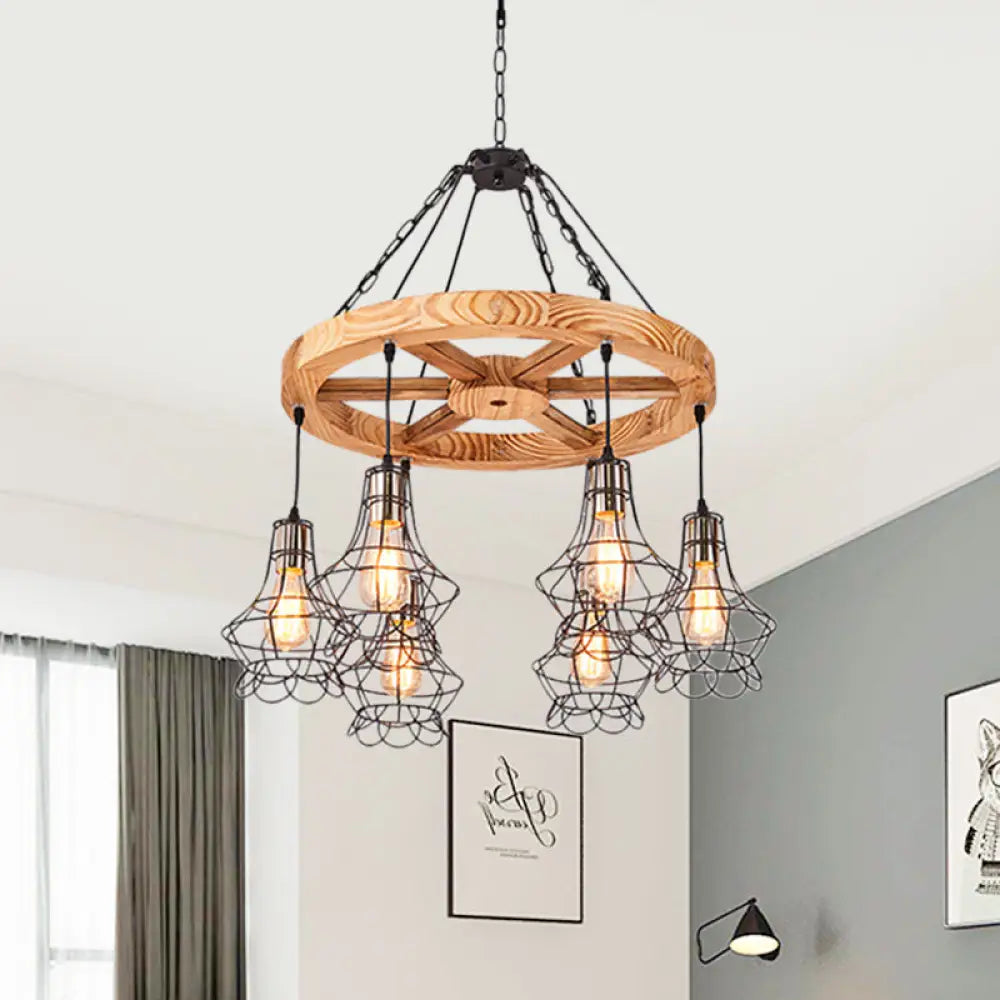 Suspension Wooden Wagon Wheel Chandelier - Rustic 6/8-Light Fixture with Wire Cage for Dining Hall Ceiling