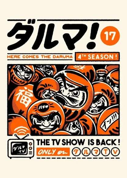 Orange and black daruma doll-themed canvas painting for japanese food lovers featured in decorbites takoyaki ramen wall art