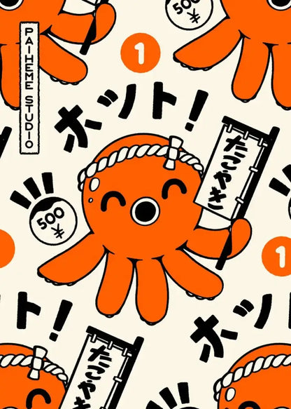 Decorbites™ canvas wall art featuring an orange cartoon octopus with rope headband holding japanese text sign for japanese food decor