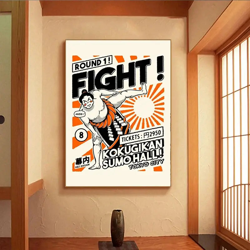 Vintage-style sumo wrestler canvas painting wall art with bold black and orange graphics featuring japanese food themes