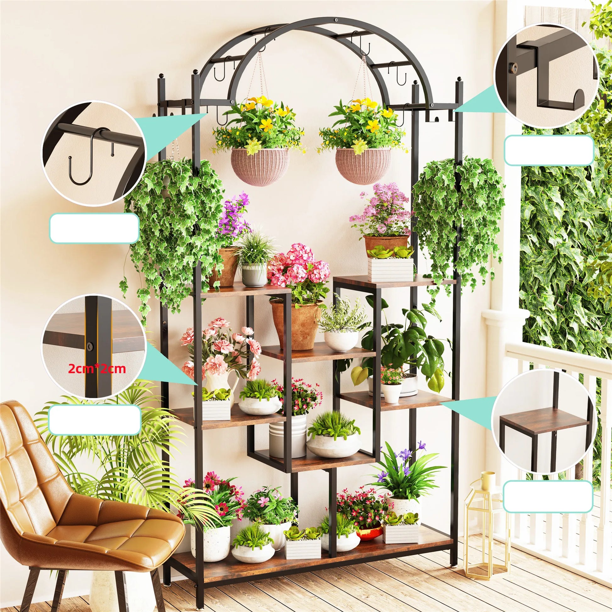 Tall 5-Tier Plant Stand with Hanging Hooks