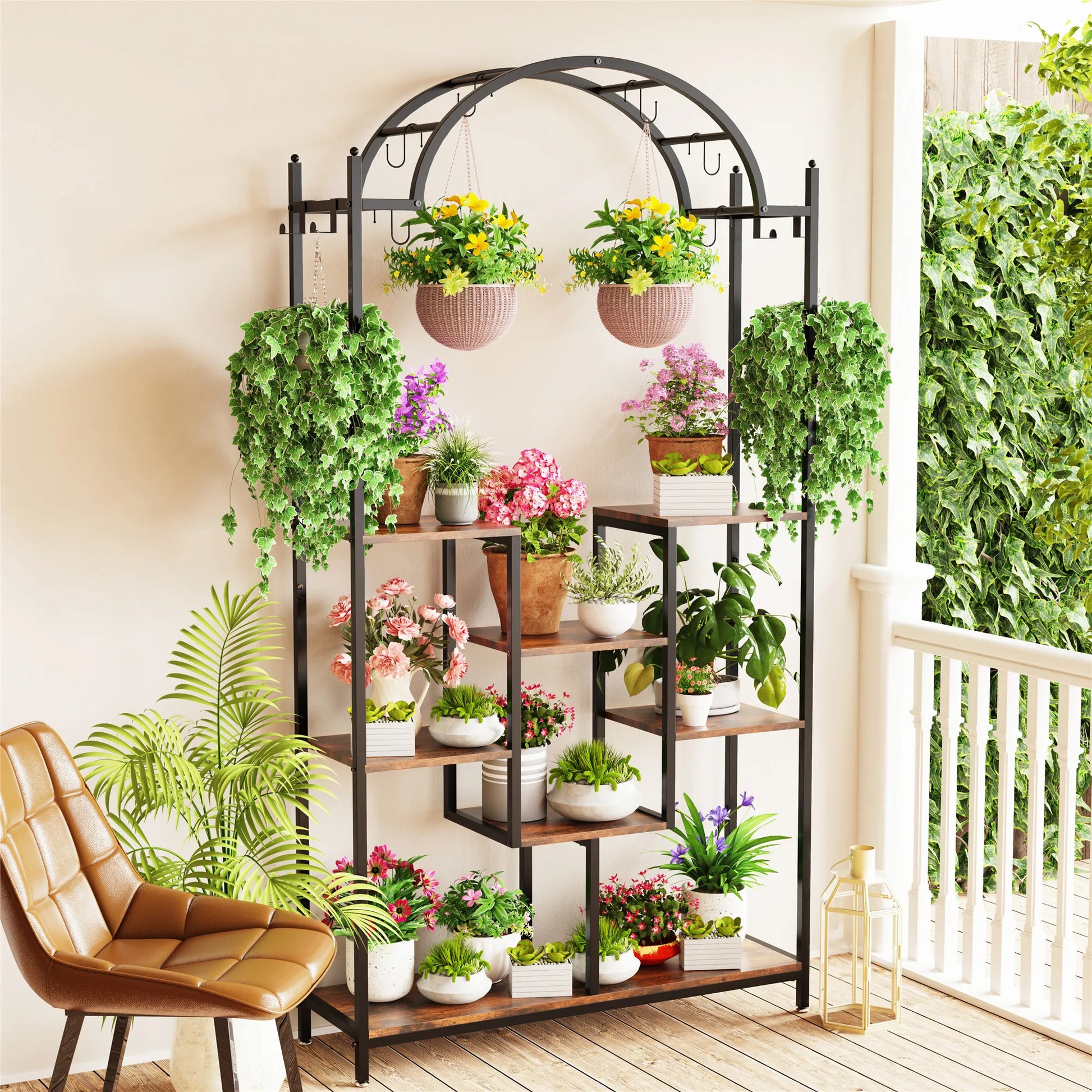 Tall 5-Tier Plant Stand with Hanging Hooks