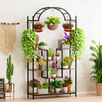 Tall 5-Tier Plant Stand with Hanging Hooks - BROWN / XXL / United States