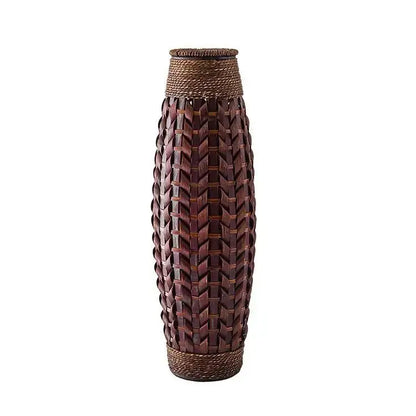Tall dark brown bamboo woven vase with textured chevron pattern and reinforced rim for living room decor