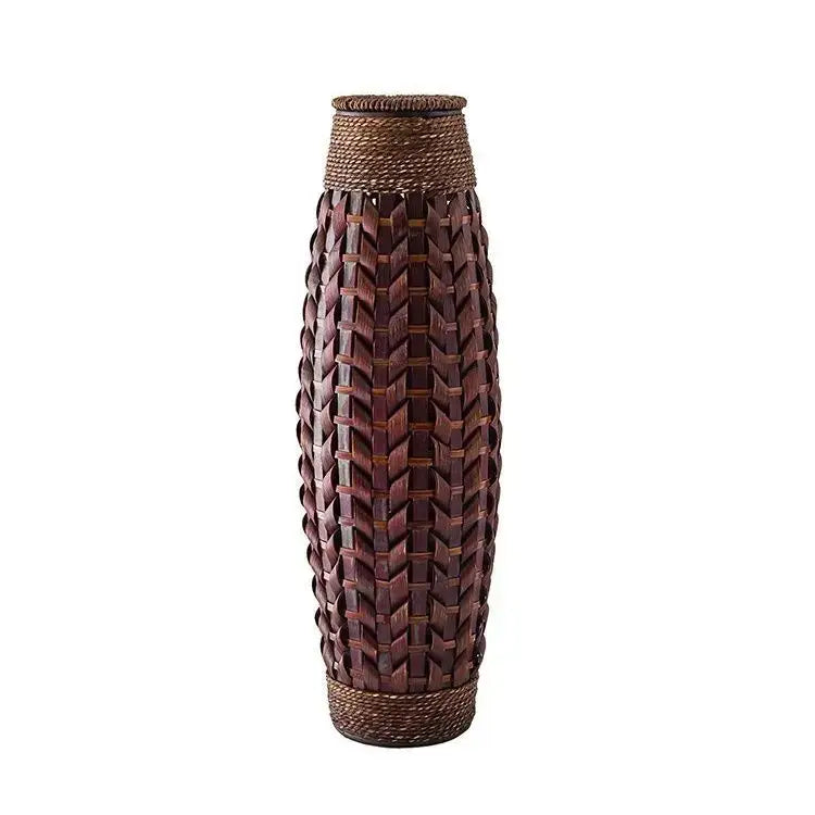 Tall dark brown bamboo woven vase with textured chevron pattern and reinforced rim for living room decor
