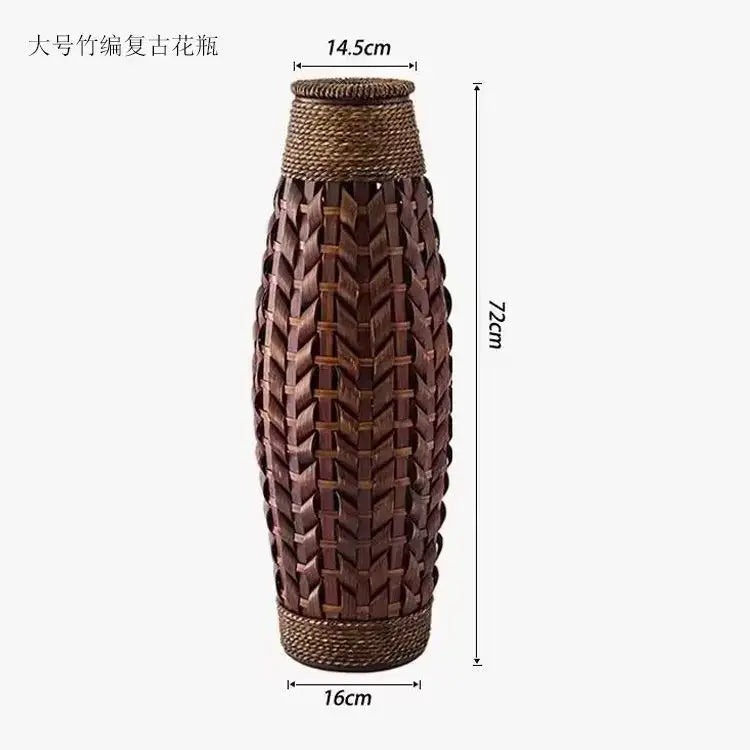 Tall dark brown bamboo woven vase with chevron pattern and braided rims for living room herringbone decor